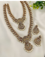 Thumbnail for Jewel City Antique Temple Design Bridal Necklace Set with Chandbali Earrings - Pearl Embellished Gold-Plated Traditional Jewelry