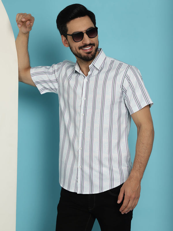 Indian Needle Men's Vertical Striped Half Sleeve Casual Shirt - Blue - Distacart