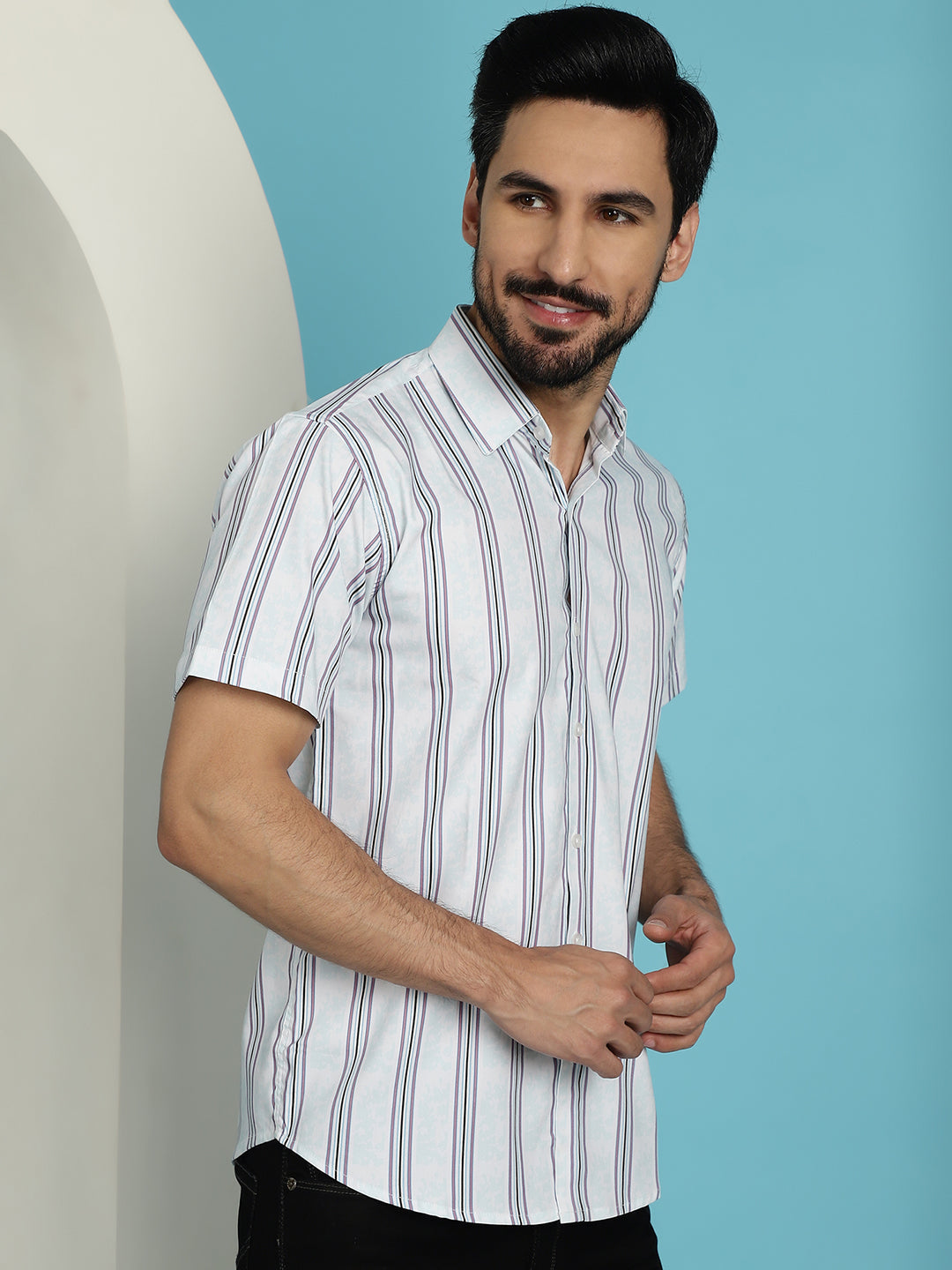 Indian Needle Men's Vertical Striped Half Sleeve Casual Shirt - Blue - Distacart