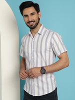 Thumbnail for Indian Needle Men's Vertical Striped Half Sleeve Casual Shirt - Cream - Distacart