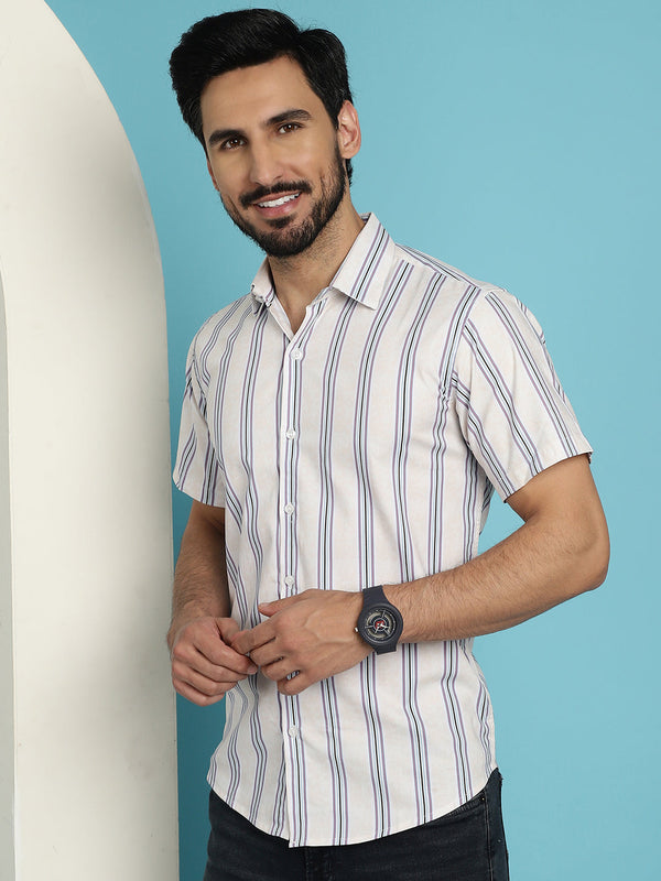 Indian Needle Men's Vertical Striped Half Sleeve Casual Shirt - Cream - Distacart