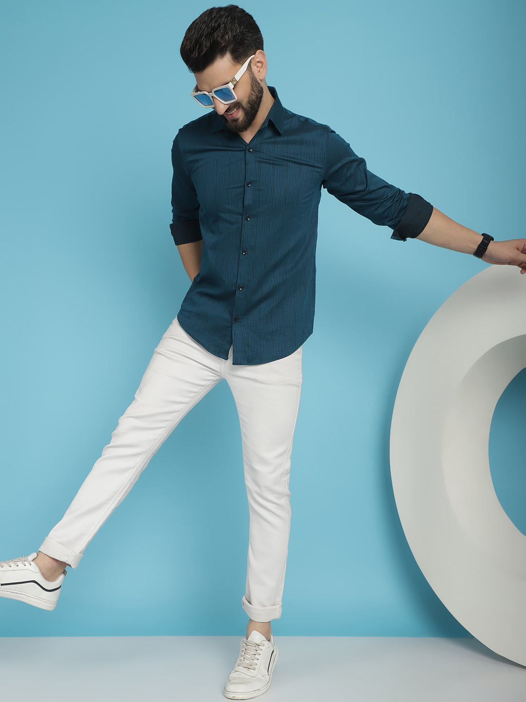 Indian Needle Men's Woven Design Casual Shirt - Peacock - Distacart