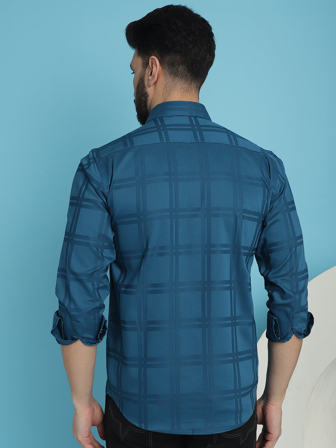 Indian Needle Men's Peacock Blue Checked Casual Shirt - Distacart