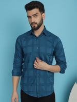 Thumbnail for Indian Needle Men's Peacock Blue Checked Casual Shirt - Distacart