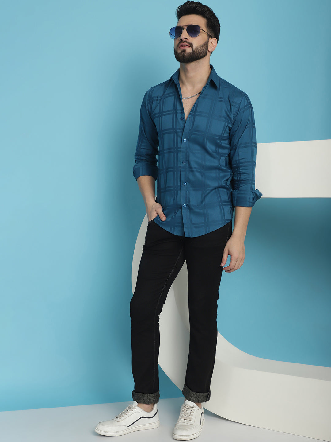 Indian Needle Men's Peacock Blue Checked Casual Shirt - Distacart