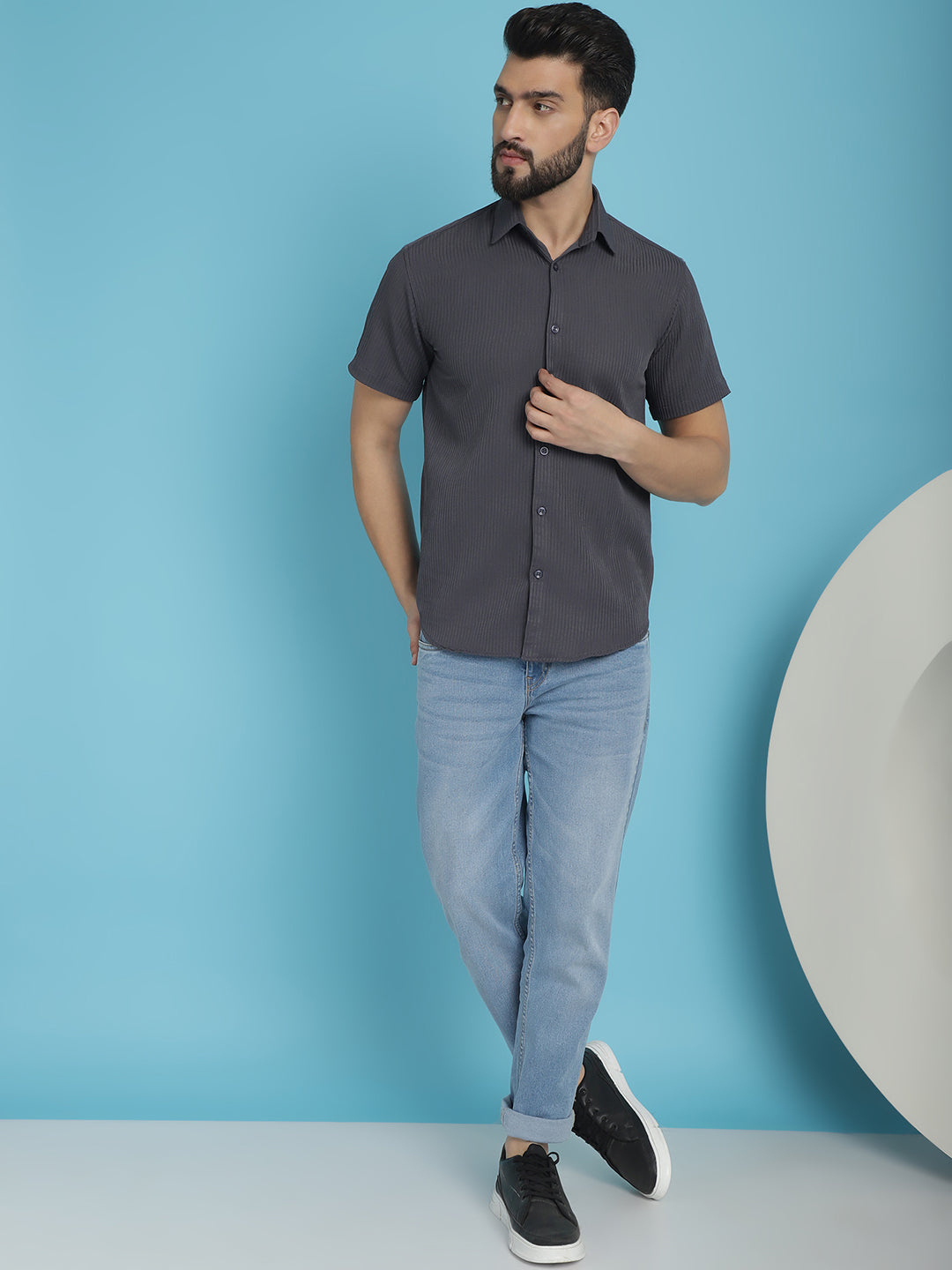 Indian Needle Men's Striped Half Sleeve Casual Shirt - Grey - Distacart