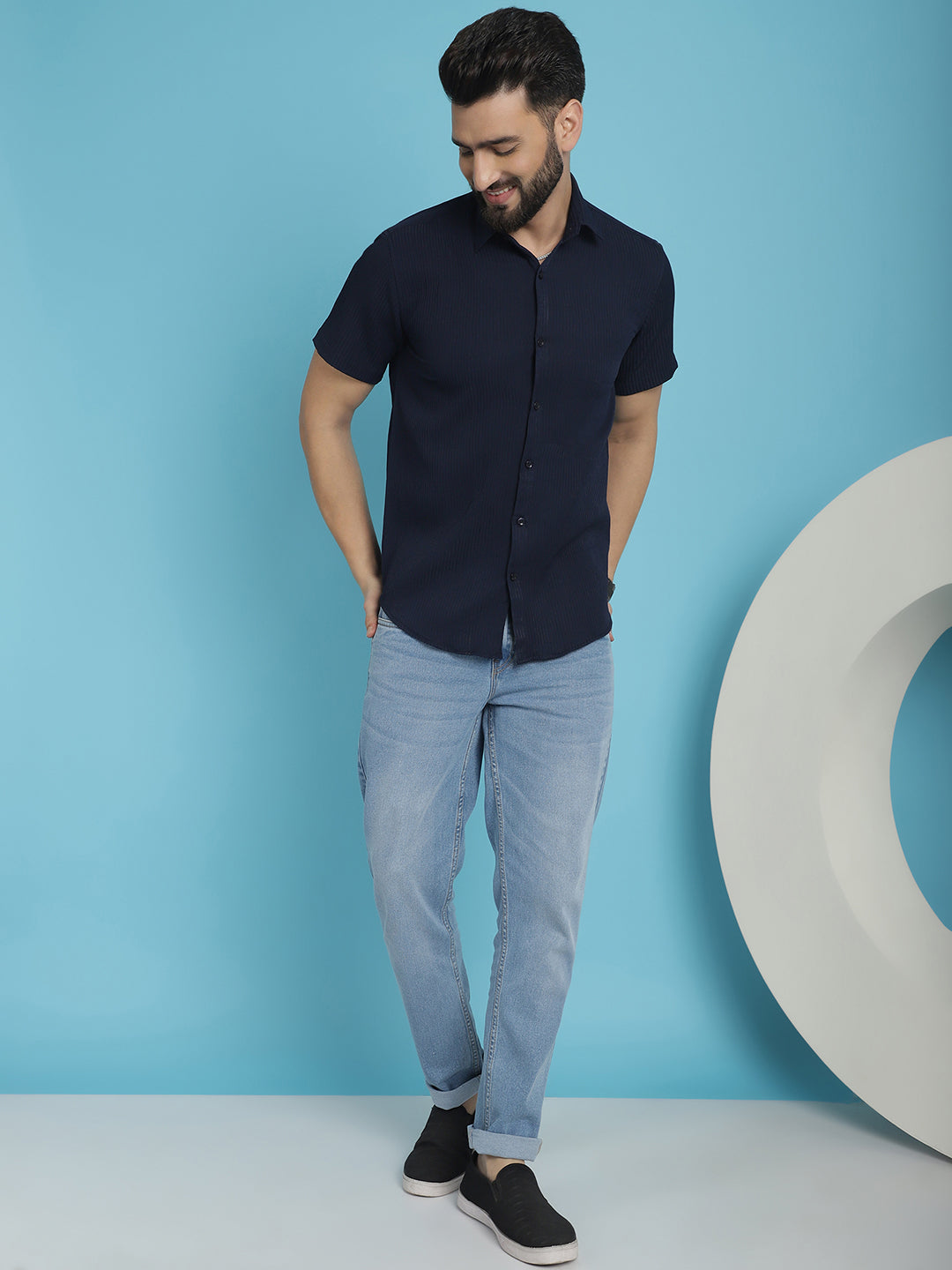 Indian Needle Men's Striped Half Sleeve Casual Shirt - Navy Blue - Distacart