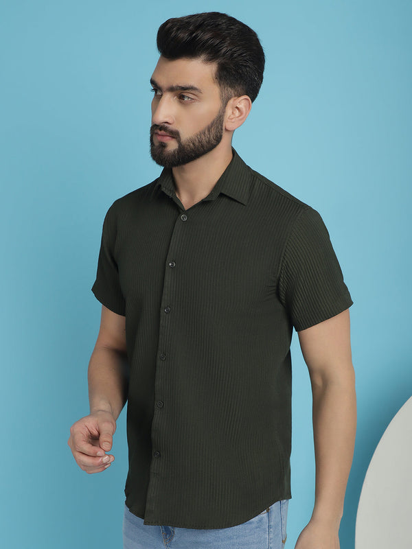 Indian Needle Men's Striped Half Sleeve Casual Shirt - Olive - Distacart