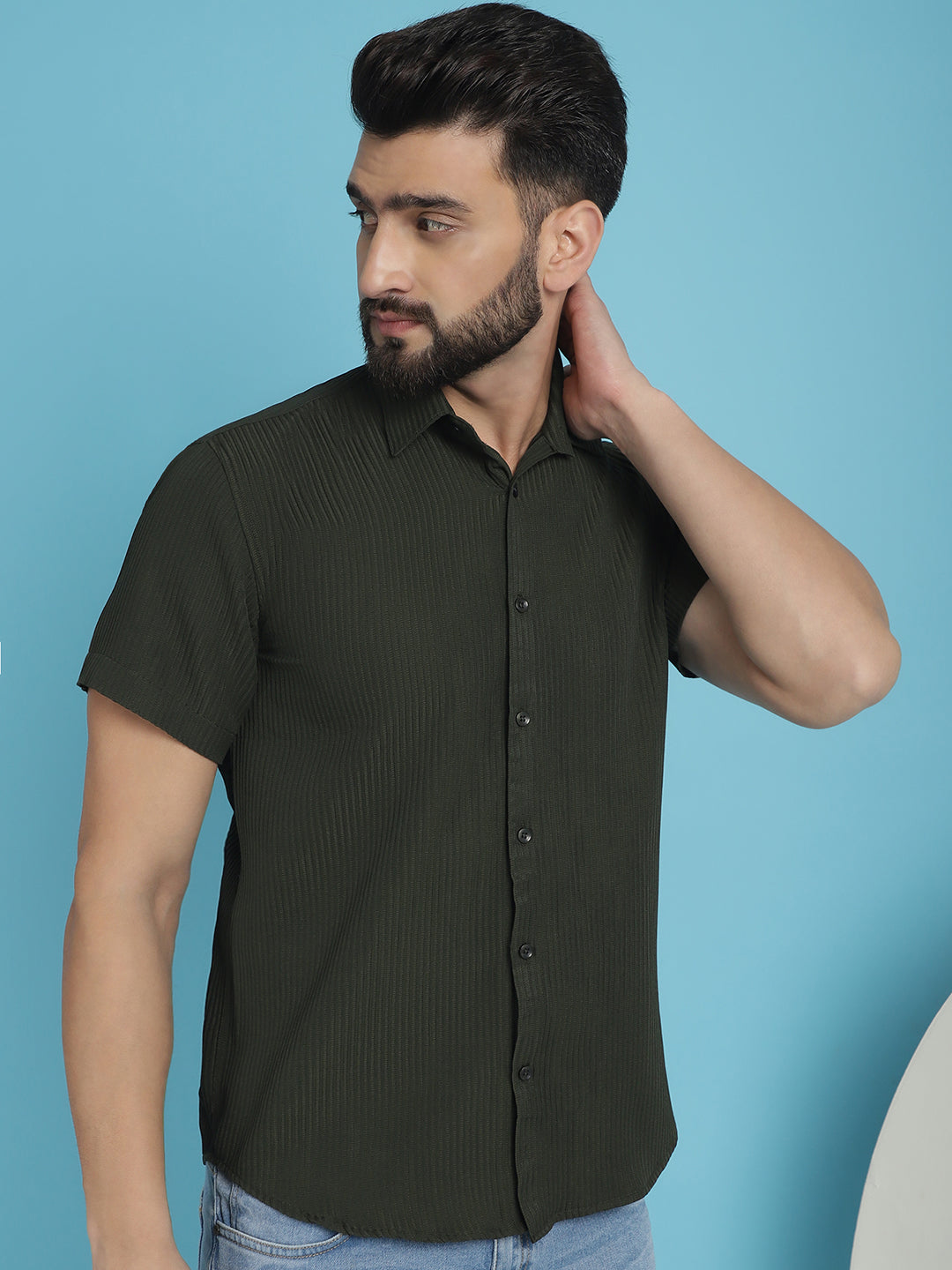 Indian Needle Men's Striped Half Sleeve Casual Shirt - Olive - Distacart