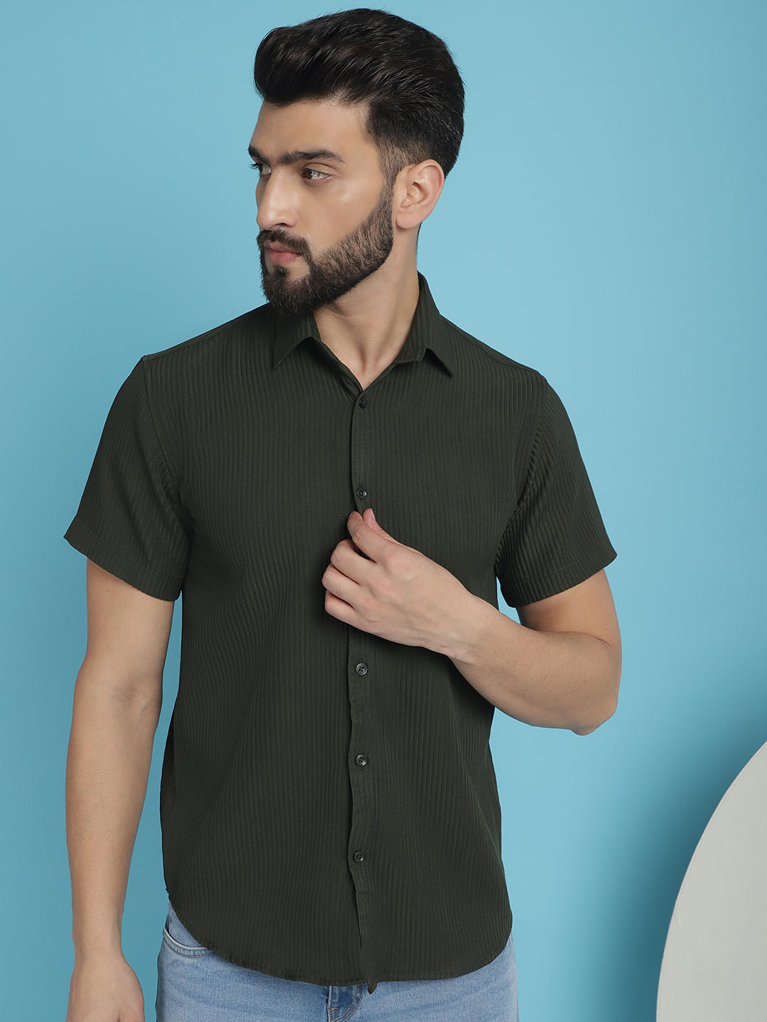 Indian Needle Men's Striped Half Sleeve Casual Shirt - Olive - Distacart