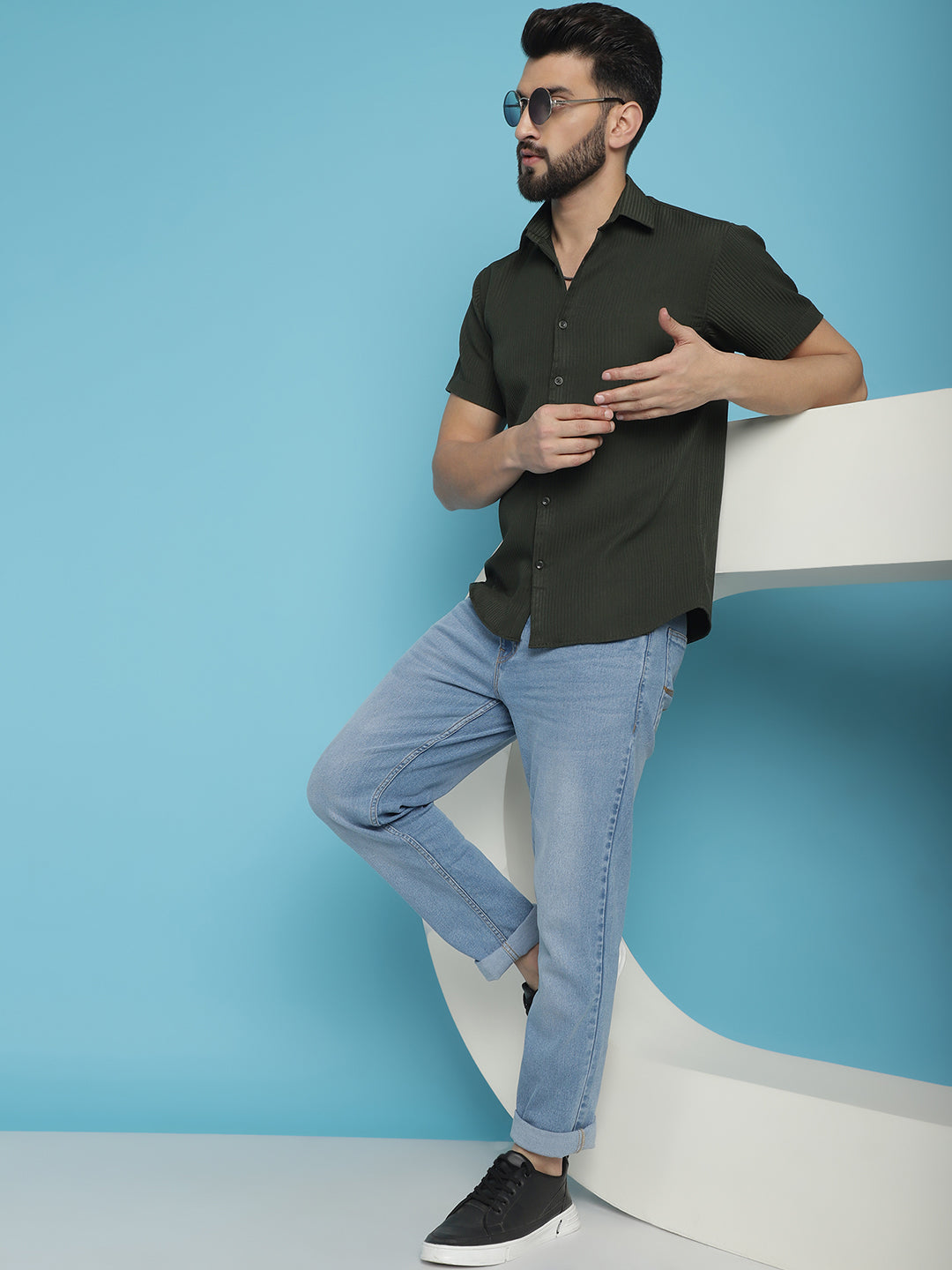 Indian Needle Men's Striped Half Sleeve Casual Shirt - Olive - Distacart