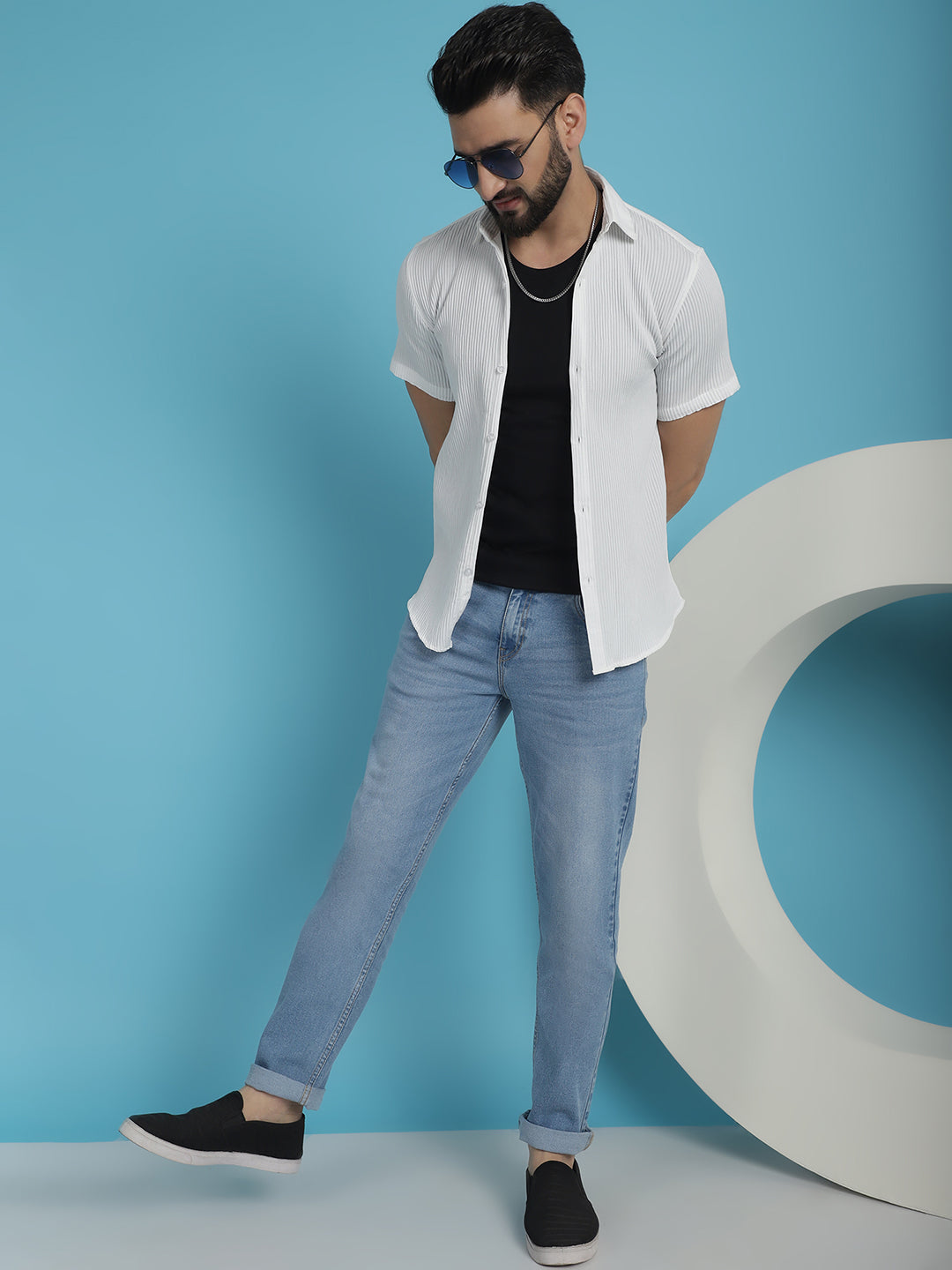 Indian Needle Men's Striped Half Sleeve Casual Shirt - White - Distacart