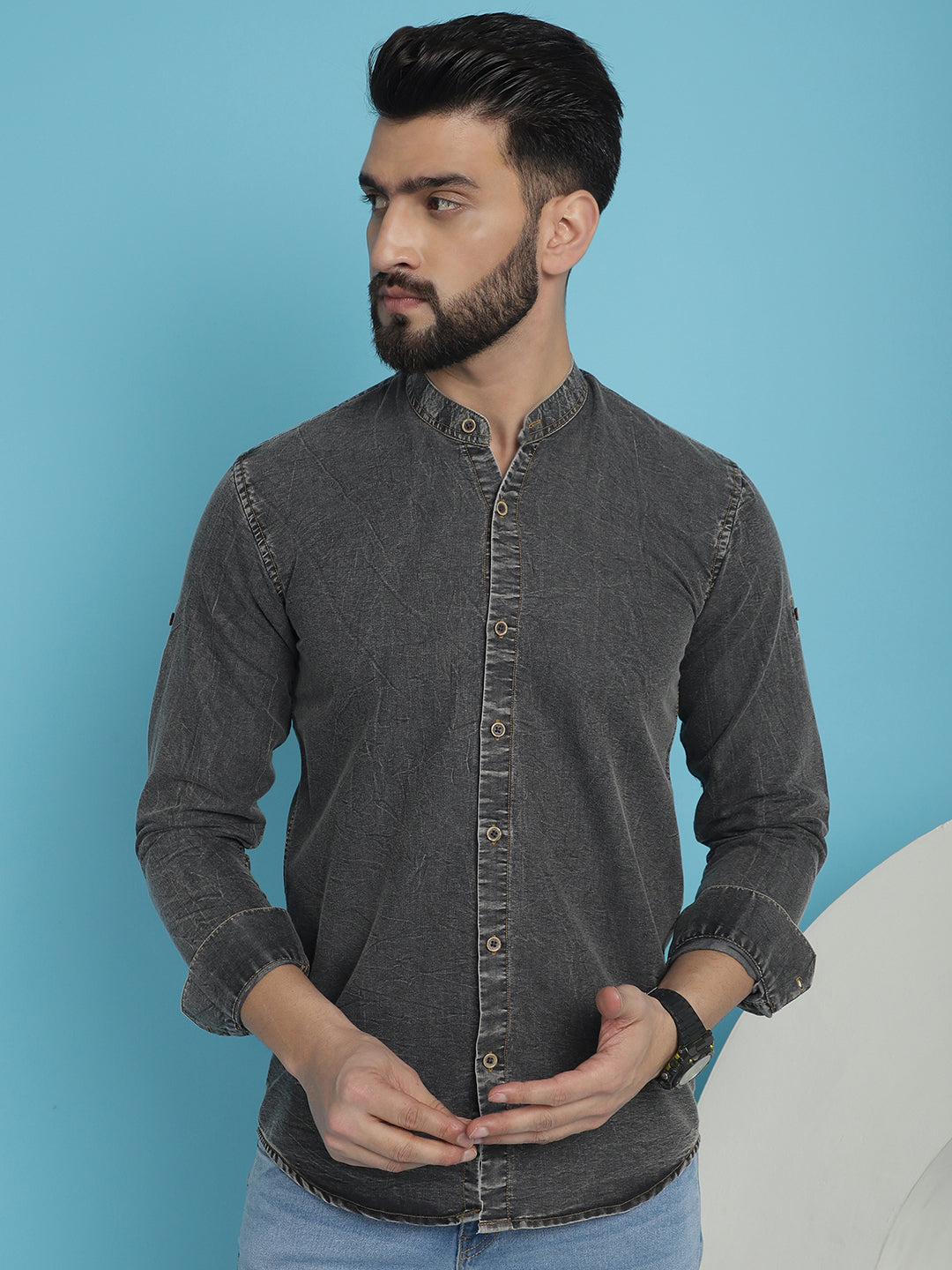 Indian Needle Men's Denim Casual Shirt - Charcoal - Distacart