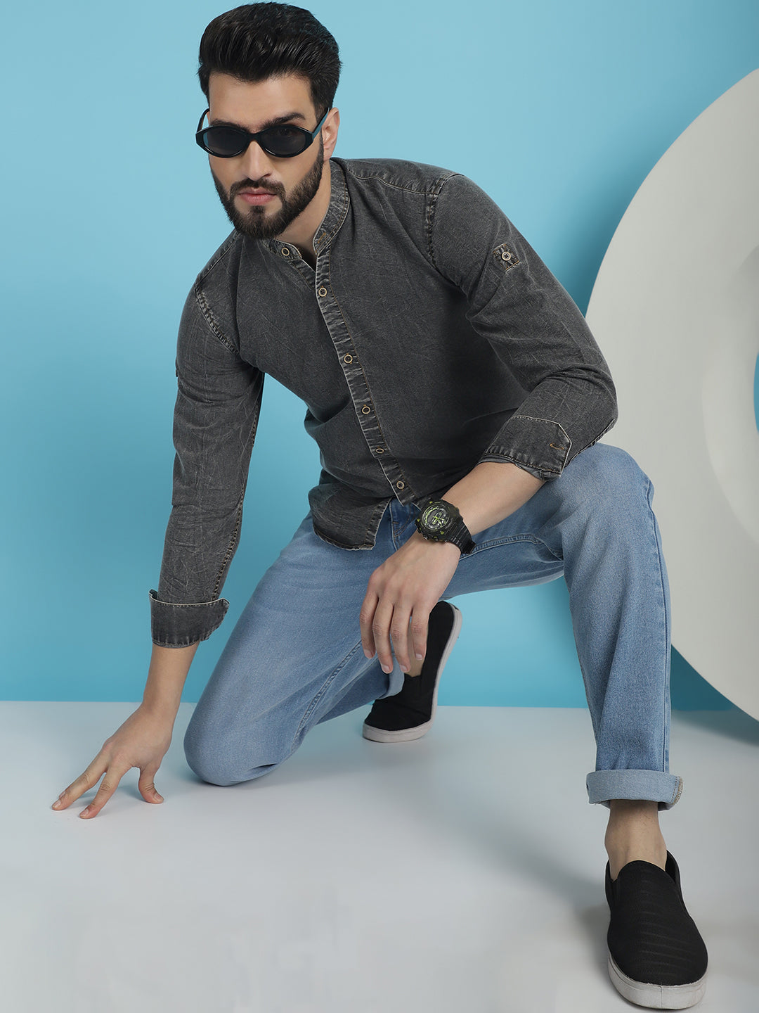 Indian Needle Men's Denim Casual Shirt - Charcoal - Distacart