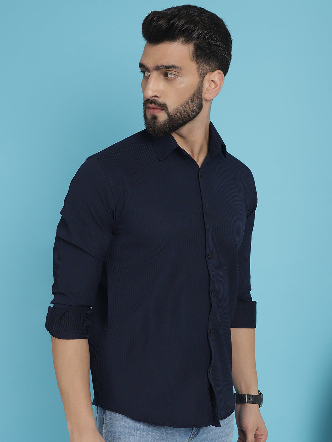 Indian Needle Men's Striped Casual Shirt - Navy Blue - Distacart