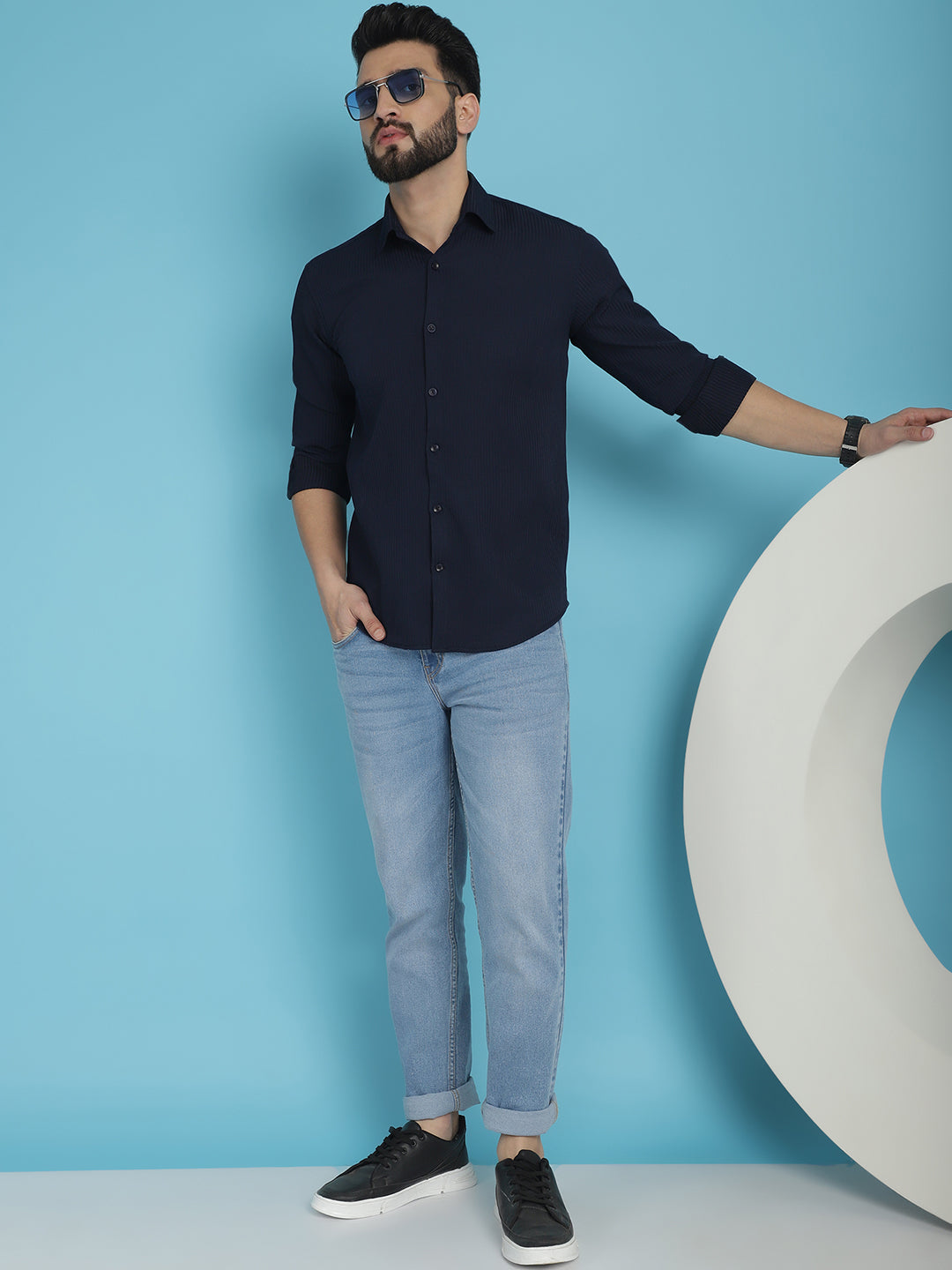 Indian Needle Men's Striped Casual Shirt - Navy Blue - Distacart