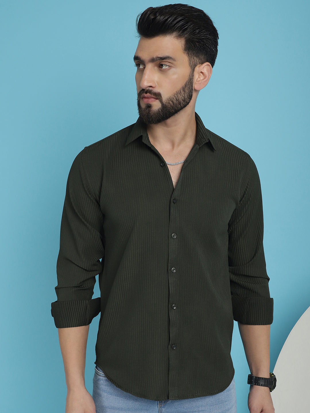 Indian Needle Men's Striped Casual Shirt - Olive - Distacart