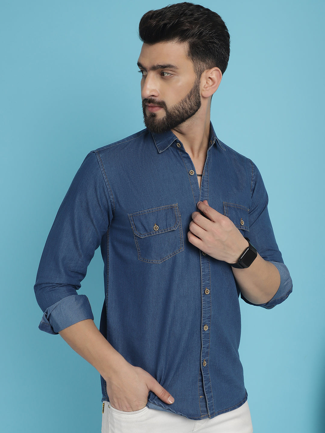 Indian Needle Men's Faded Cotton Denim Casual Shirt - Blue - Distacart