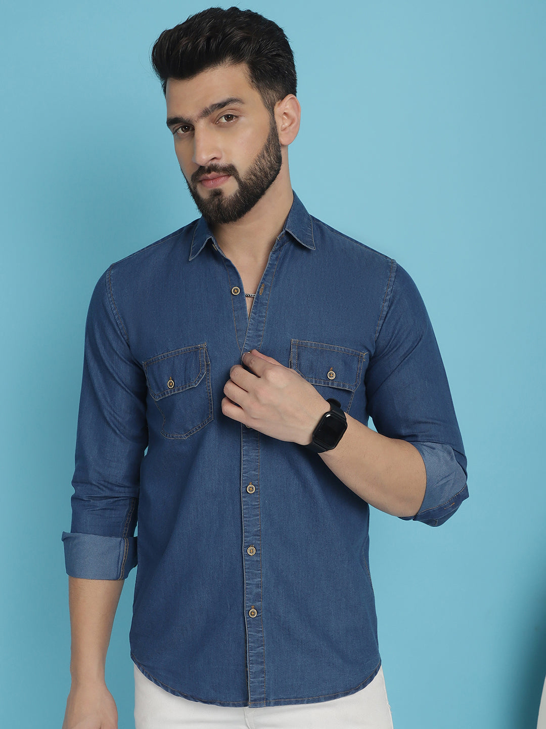 Indian Needle Men's Faded Cotton Denim Casual Shirt - Blue - Distacart