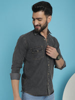 Thumbnail for Indian Needle Men's Faded Cotton Denim Casual Shirt - Charcoal - Distacart