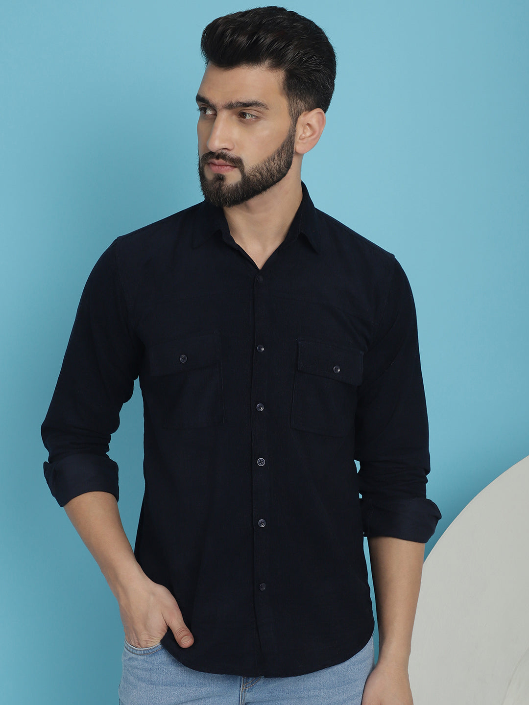 Indian Needle Men's Standard Corduroy Cotton Shirt - Navy Blue - Distacart