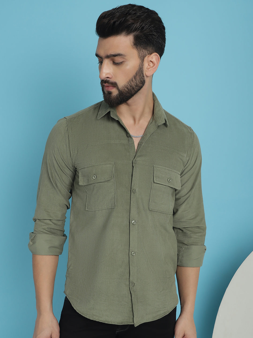Indian Needle Men's Standard Corduroy Cotton Shirt - Pista - Distacart