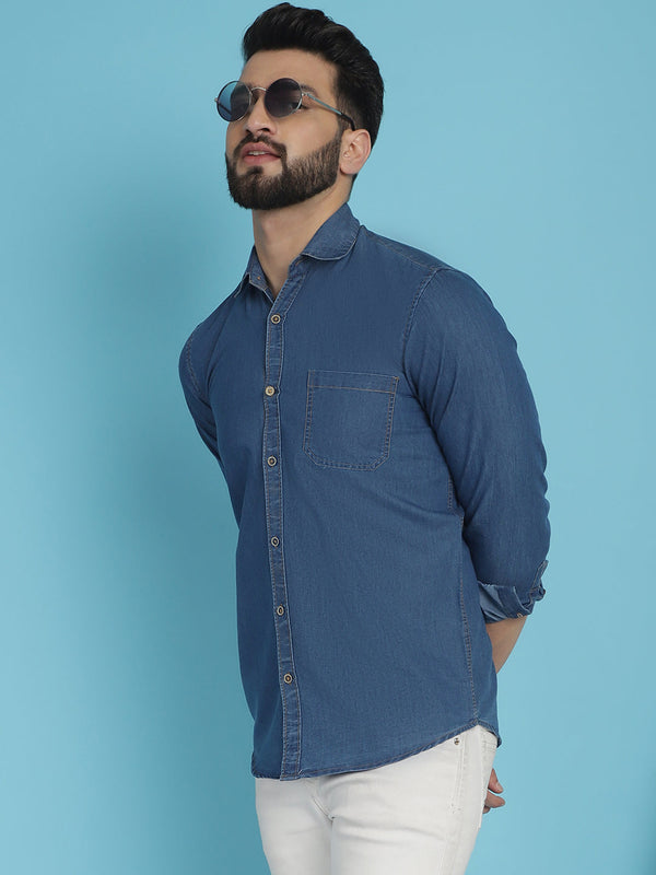 Indian Needle Men's Faded Cotton Denim Casual Shirt - Blue - Distacart