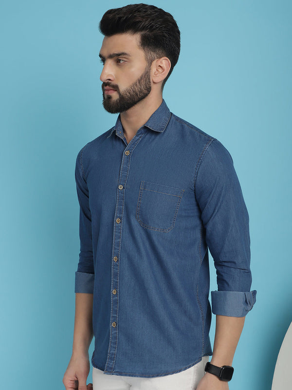 Indian Needle Men's Faded Cotton Denim Casual Shirt - Blue - Distacart
