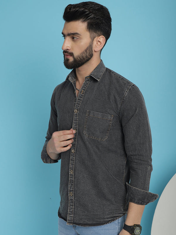Indian Needle Men's Faded Cotton Denim Casual Shirt - Charcoal - Distacart