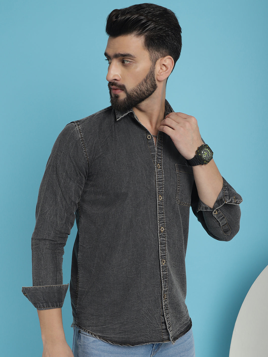 Indian Needle Men's Faded Cotton Denim Casual Shirt - Charcoal - Distacart