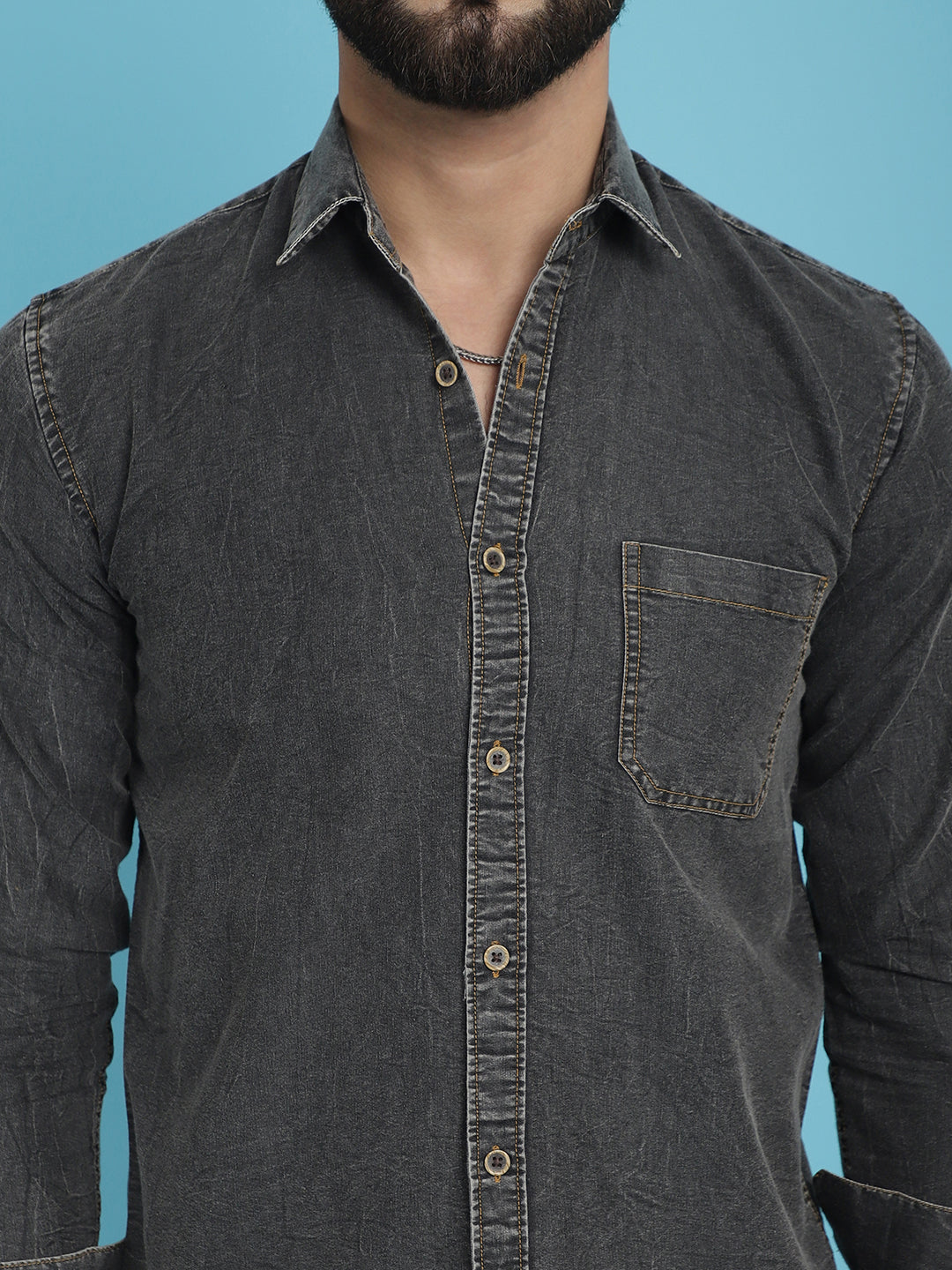 Indian Needle Men's Faded Cotton Denim Casual Shirt - Charcoal - Distacart