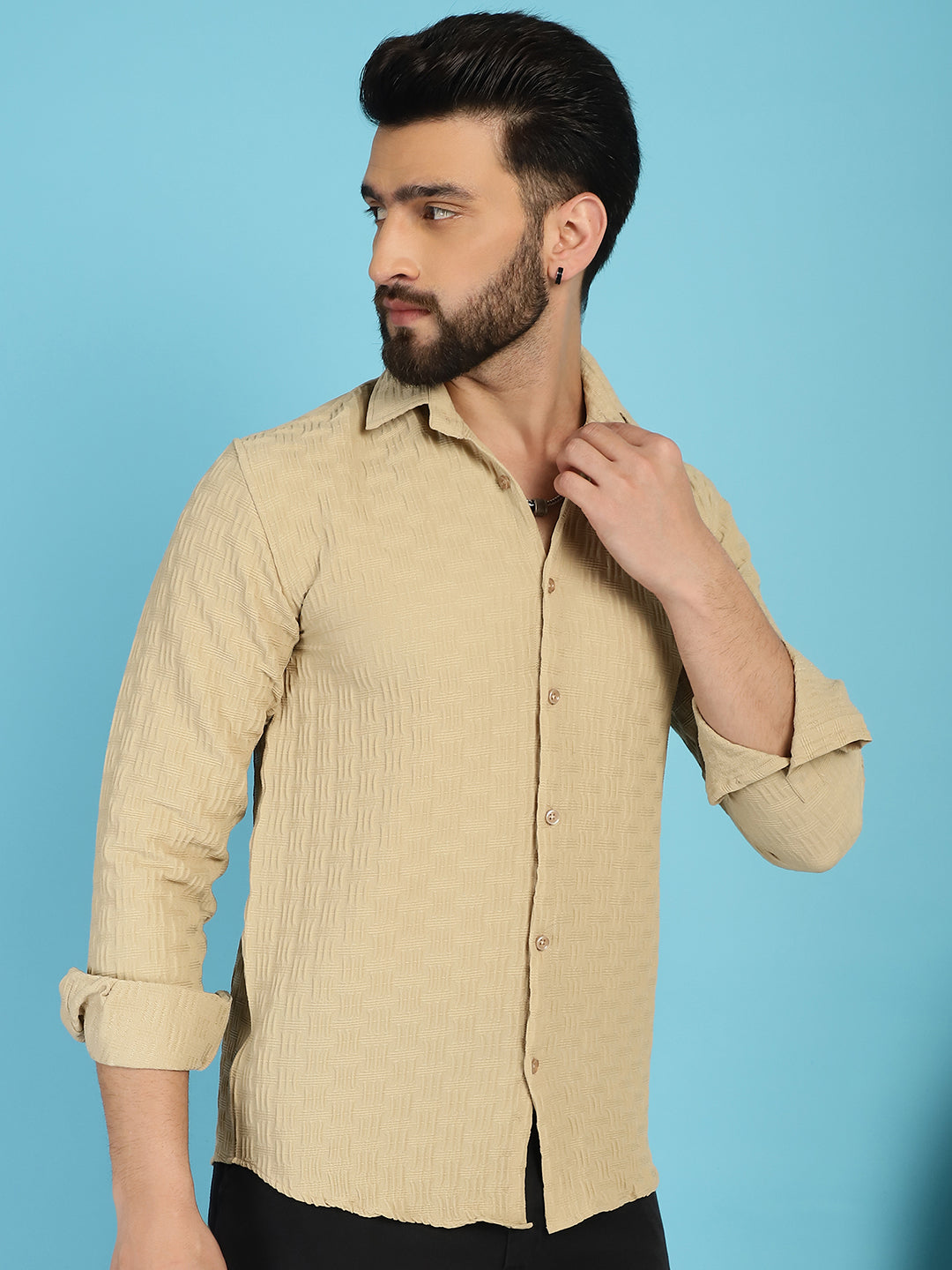 Indian Needle Men's Woven Design Casual Shirt - Beige - Distacart