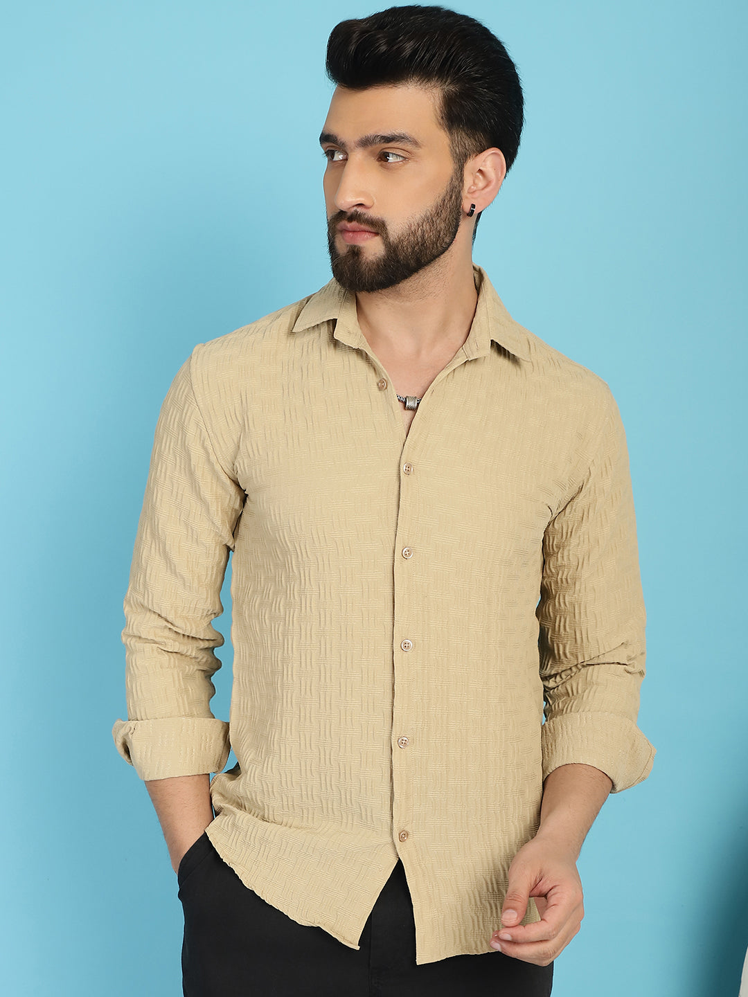Indian Needle Men's Woven Design Casual Shirt - Beige - Distacart