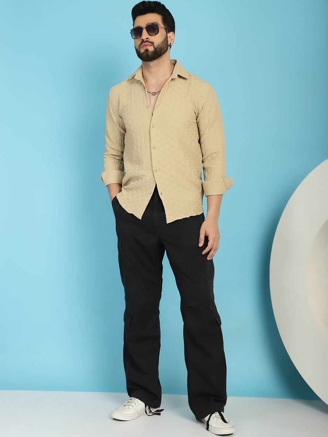Indian Needle Men's Woven Design Casual Shirt - Beige - Distacart