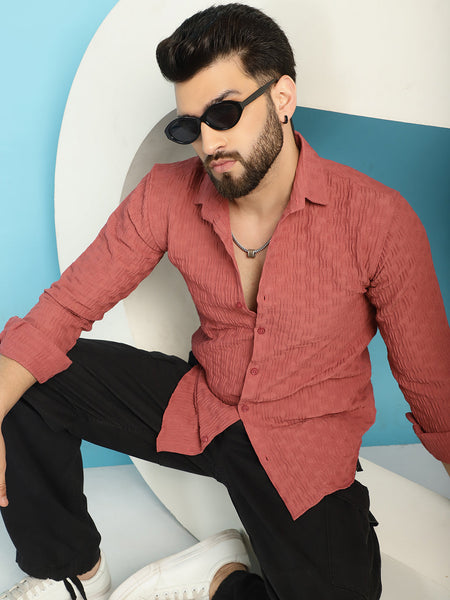 Indian Needle Men's Woven Design Casual Shirt - Peach - Distacart