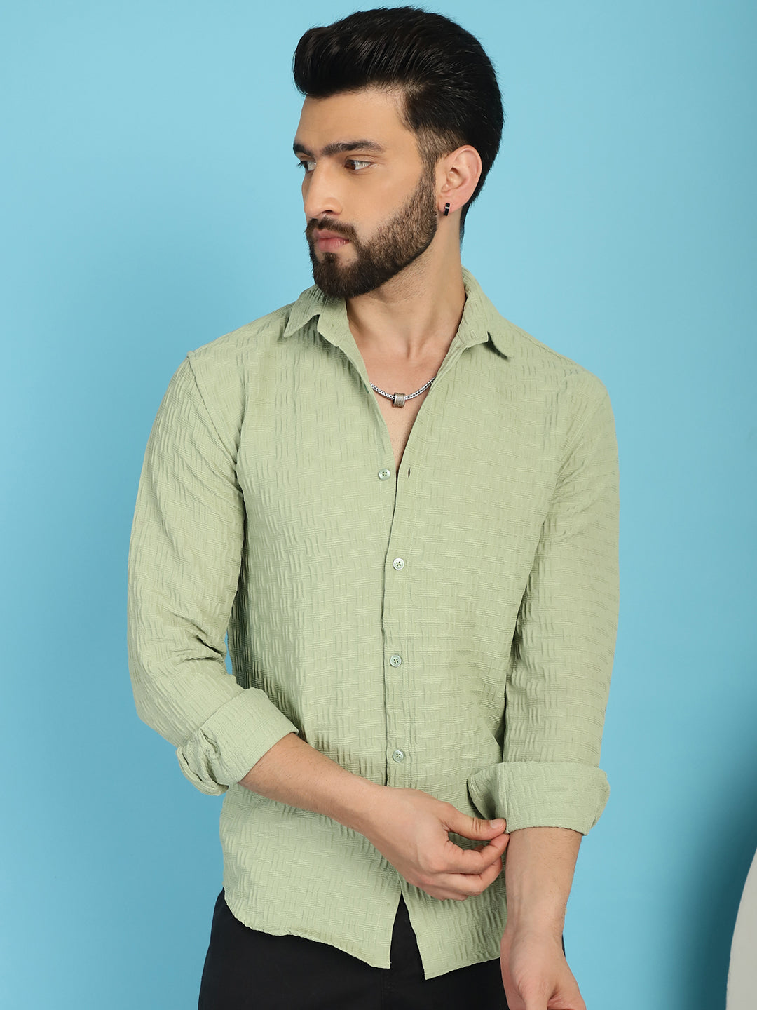 Indian Needle Men's Woven Design Casual Shirt - Pista - Distacart