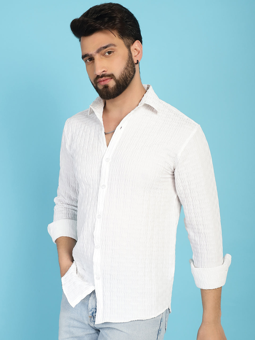 Indian Needle Men's Woven Design Casual Shirt - White - Distacart