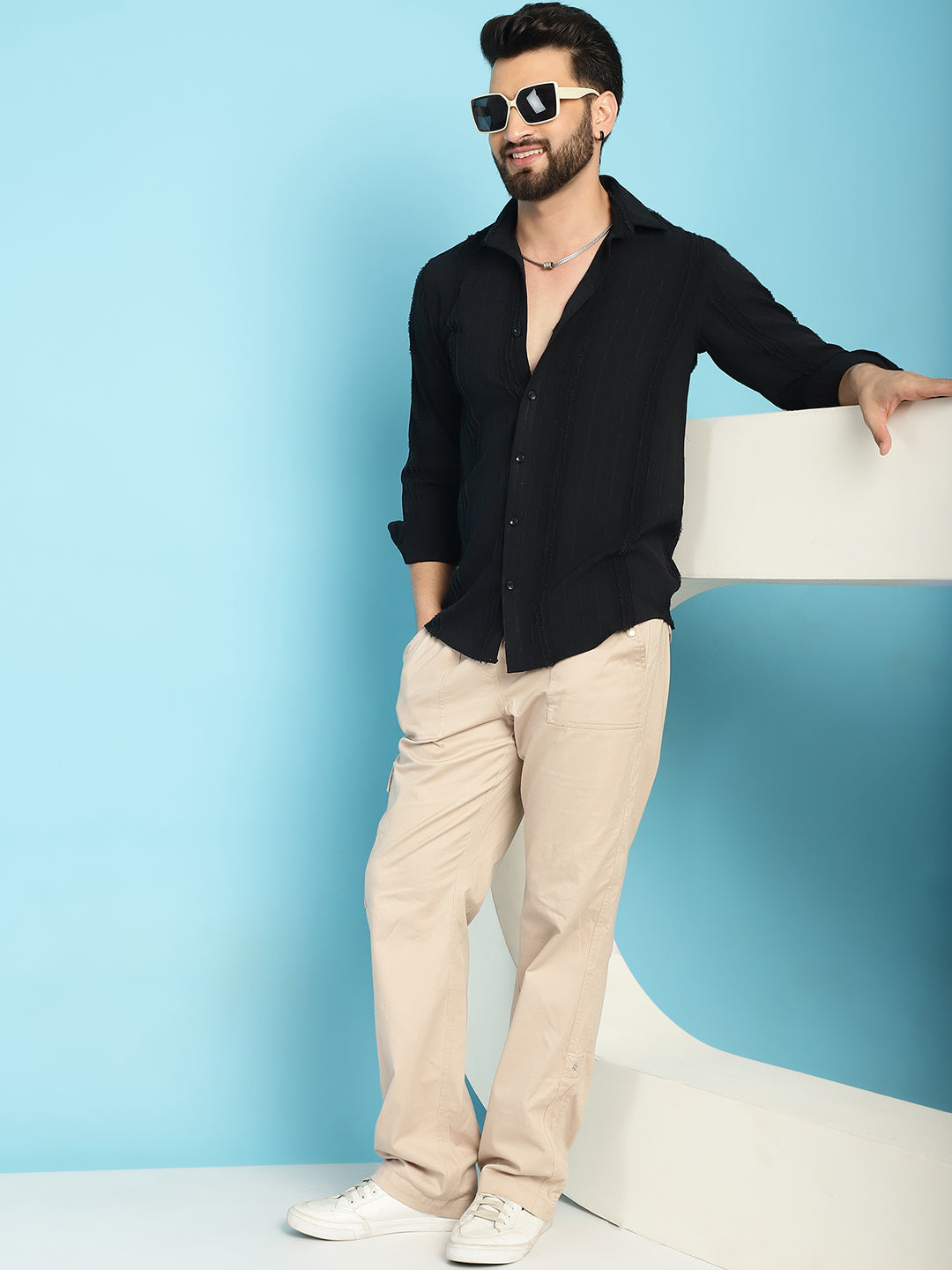 Indian Needle Men's Self Design Casual Shirt - Black - Distacart