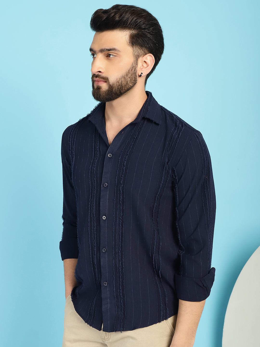 Indian Needle Men's Self Design Casual Shirt - Navy Blue - Distacart