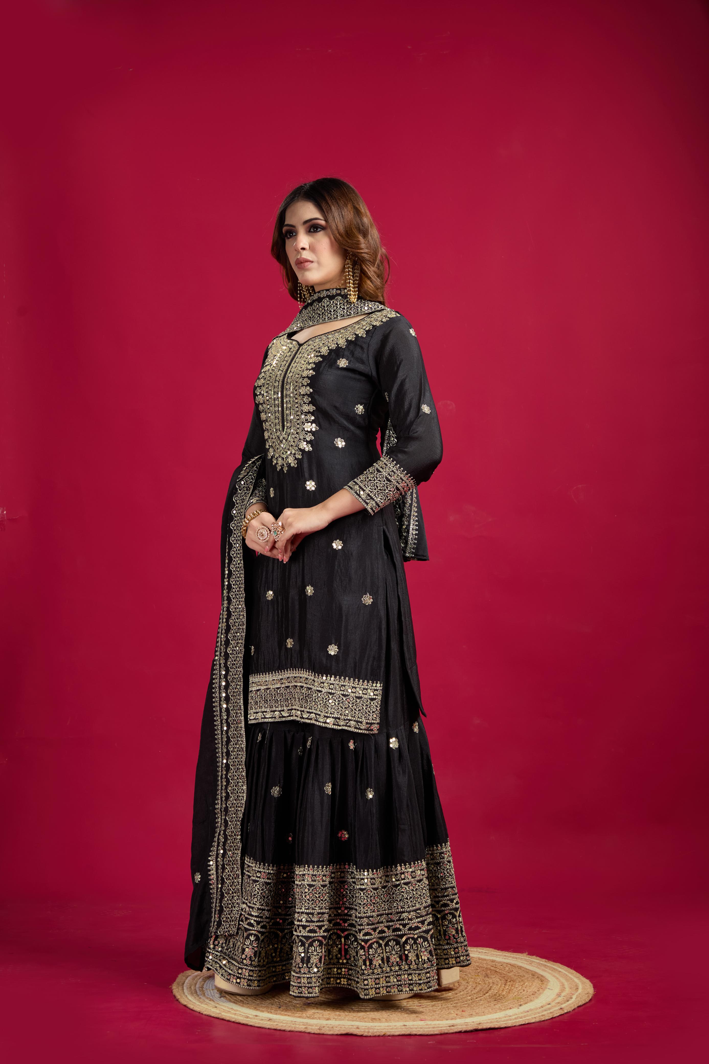 Teeya Creation Black Color Chinnon Silk Heavy Embroidery Work Fully Stitched Sharara Suit - Distacart