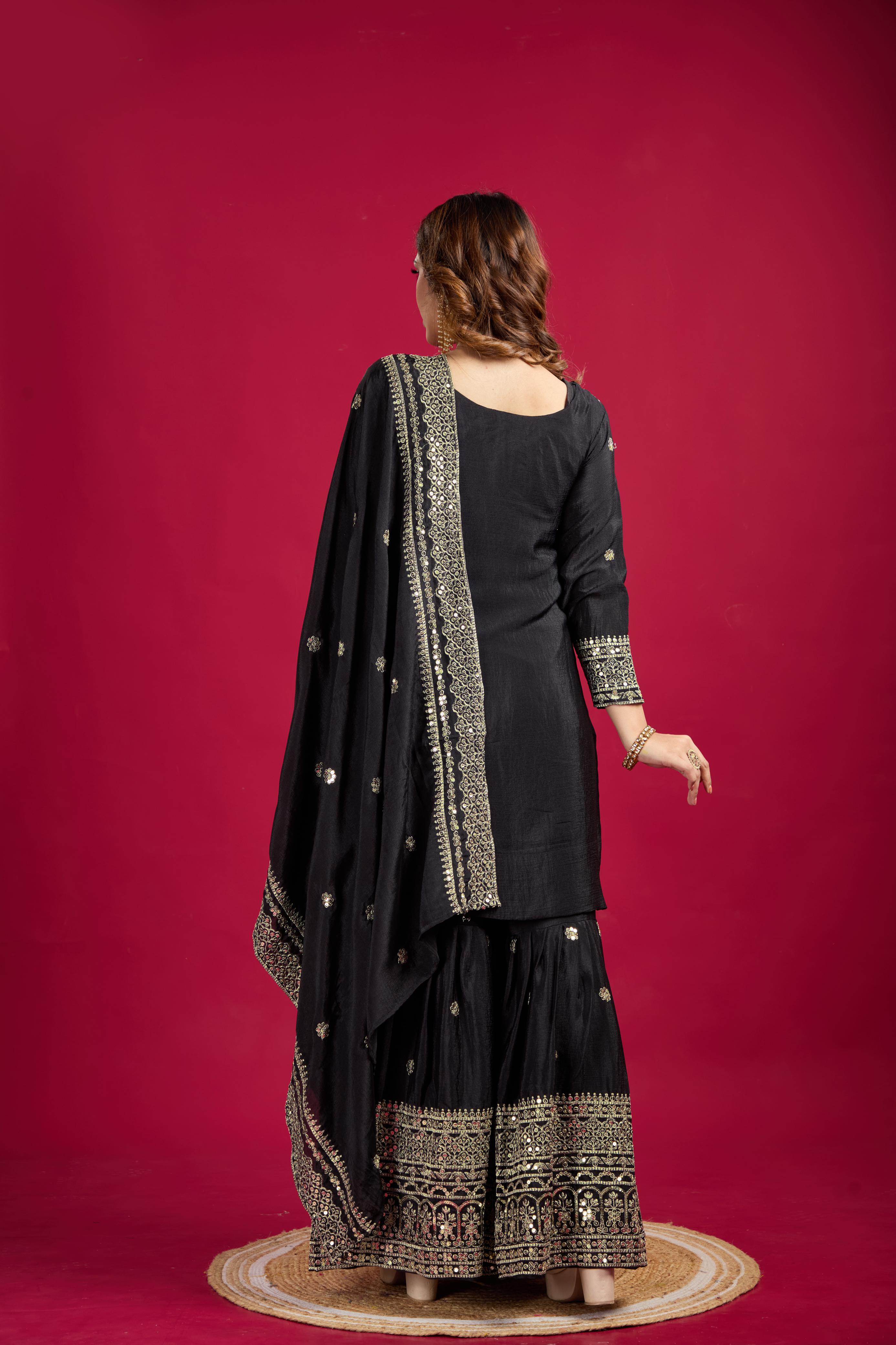Teeya Creation Black Color Chinnon Silk Heavy Embroidery Work Fully Stitched Sharara Suit - Distacart