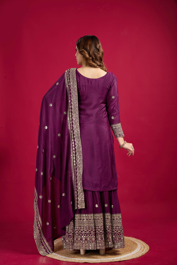 Teeya Creation Violet Color Chinnon Silk Heavy Embroidery Work Fully Stitched Sharara Suit - Distacart