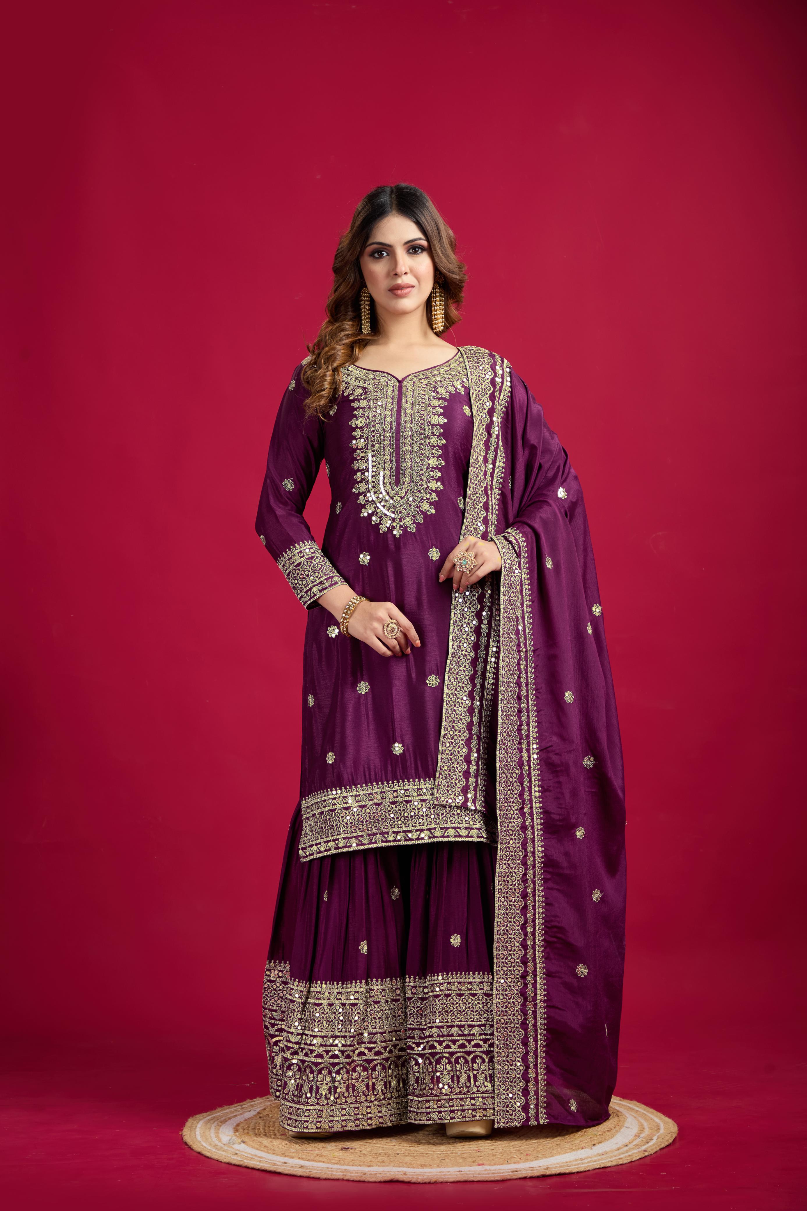 Teeya Creation Violet Color Chinnon Silk Heavy Embroidery Work Fully Stitched Sharara Suit - Distacart