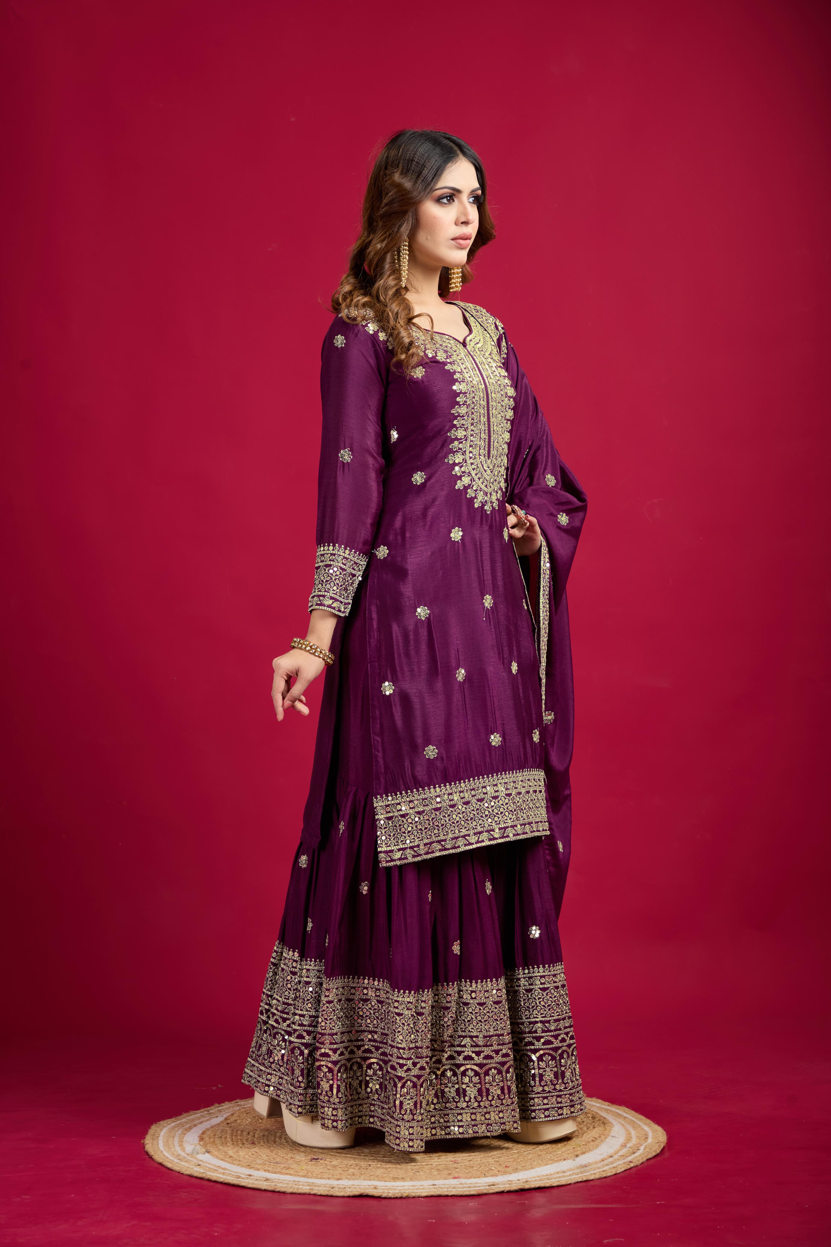 Teeya Creation Violet Color Chinnon Silk Heavy Embroidery Work Fully Stitched Sharara Suit - Distacart