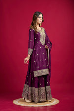 Thumbnail for Teeya Creation Violet Color Chinnon Silk Heavy Embroidery Work Fully Stitched Sharara Suit - Distacart