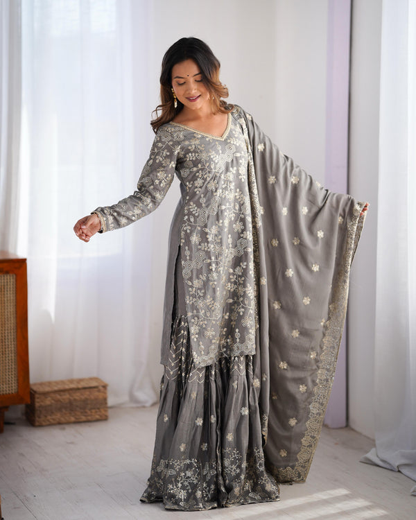 Teeya Creation Grey Color Chinnon Silk Embroidery Work Fully Stitched Salwar Suit - Distacart