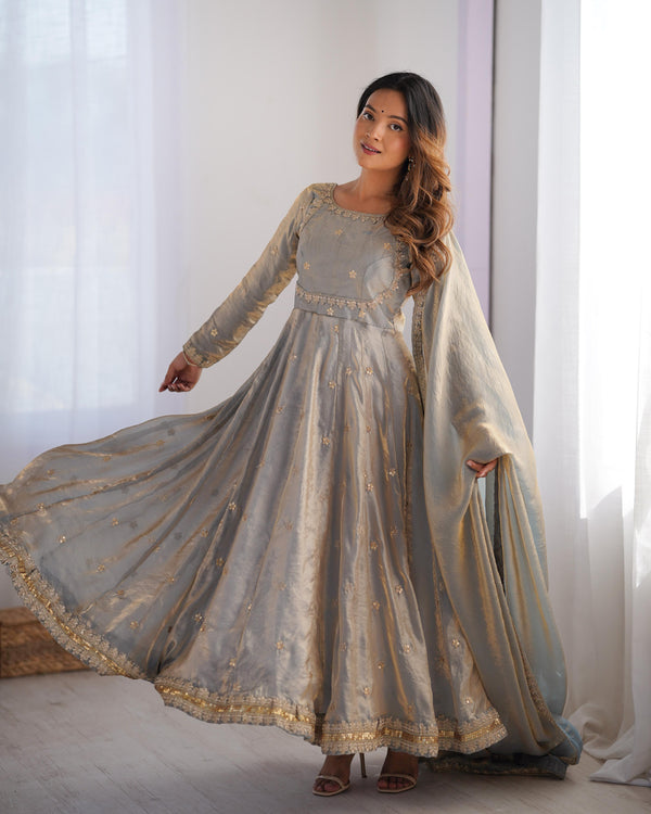 Teeya Creation Grey Color Fendy Silk Embroidery Work Fully Stitched Gown - Distacart