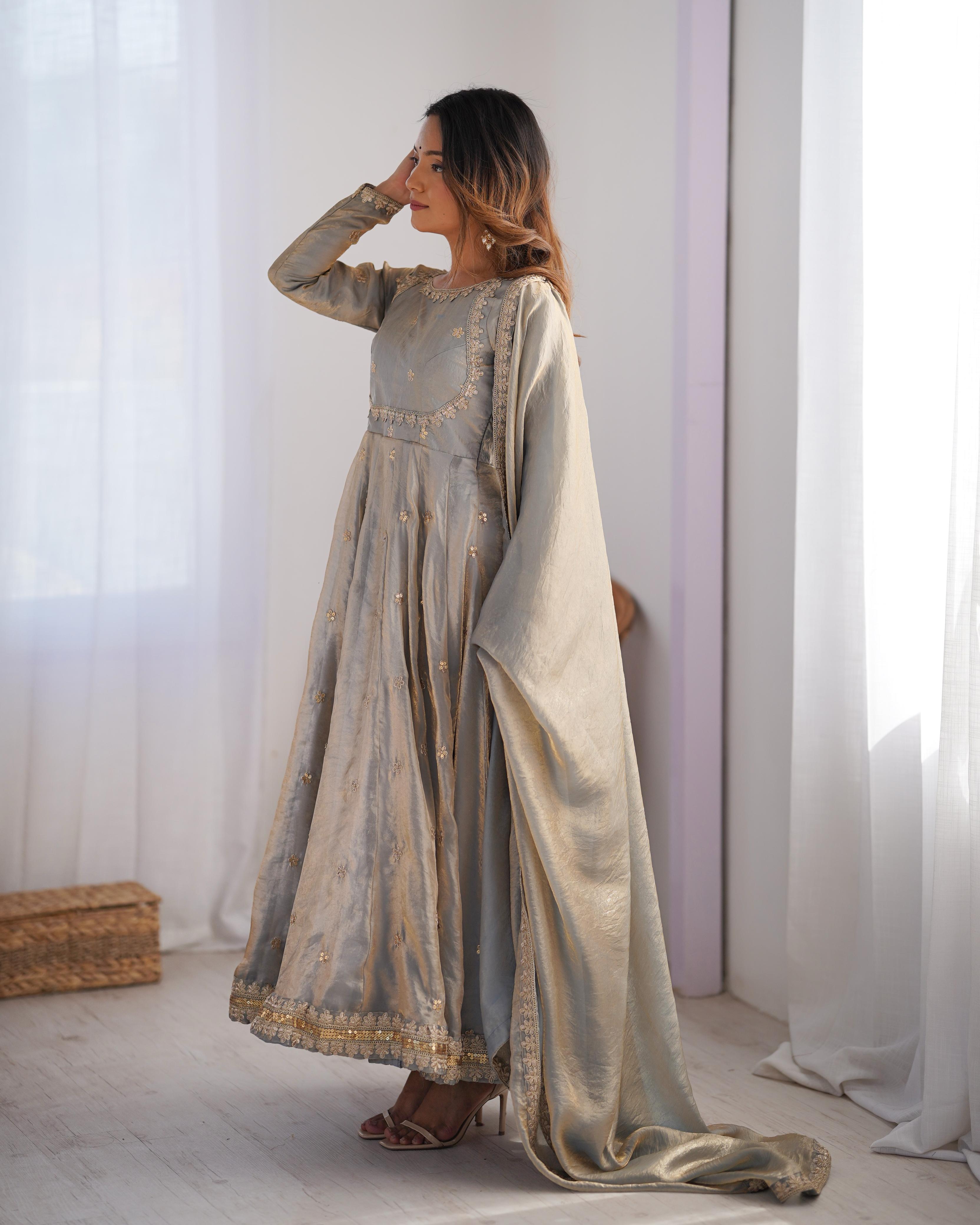 Teeya Creation Grey Color Fendy Silk Embroidery Work Fully Stitched Gown - Distacart