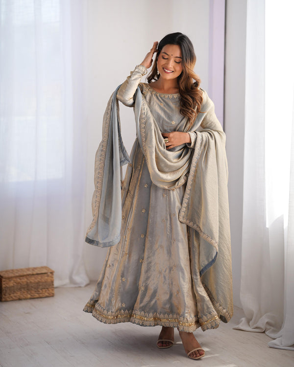 Teeya Creation Grey Color Fendy Silk Embroidery Work Fully Stitched Gown - Distacart