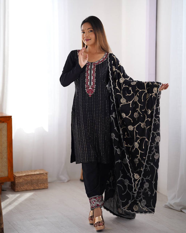 Teeya Creation Black Color Chinnon Silk Embroidery Work Fully Stitched Pakistani Suit - Distacart